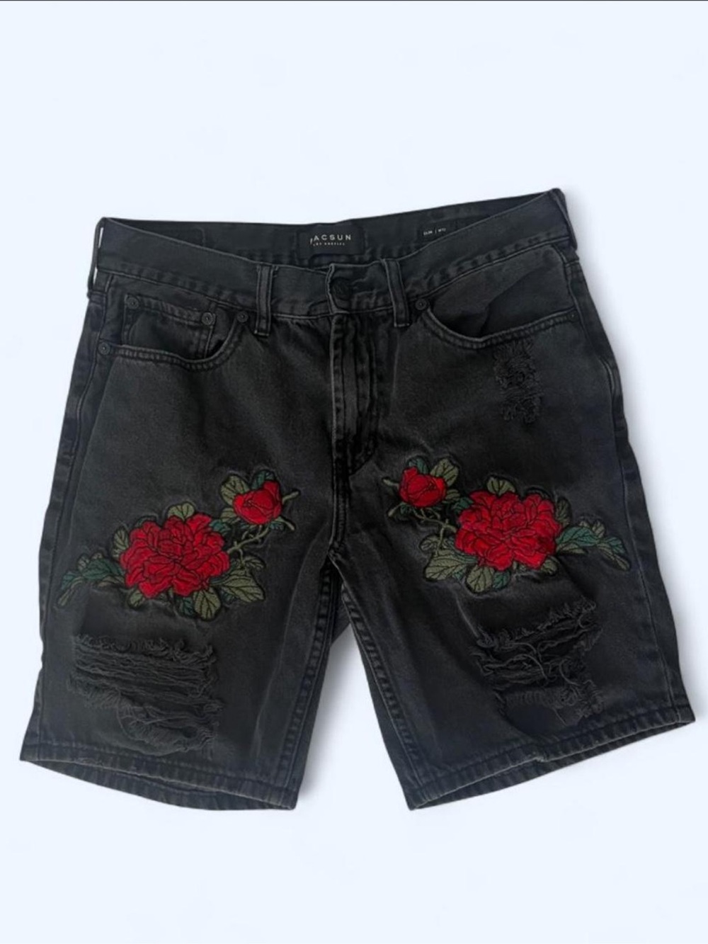 PacSun Men’s Embroidered Floral Distressed Denim Shorts